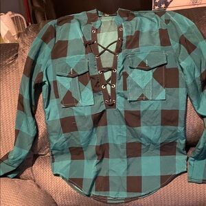 Teal and Black Plaid Women's Blouse
